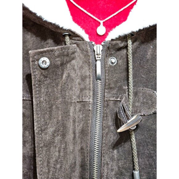 Covington Women's Brown Suede Leather Coat Faux Shearling Hood Size L 2203 - Picture 9 of 13